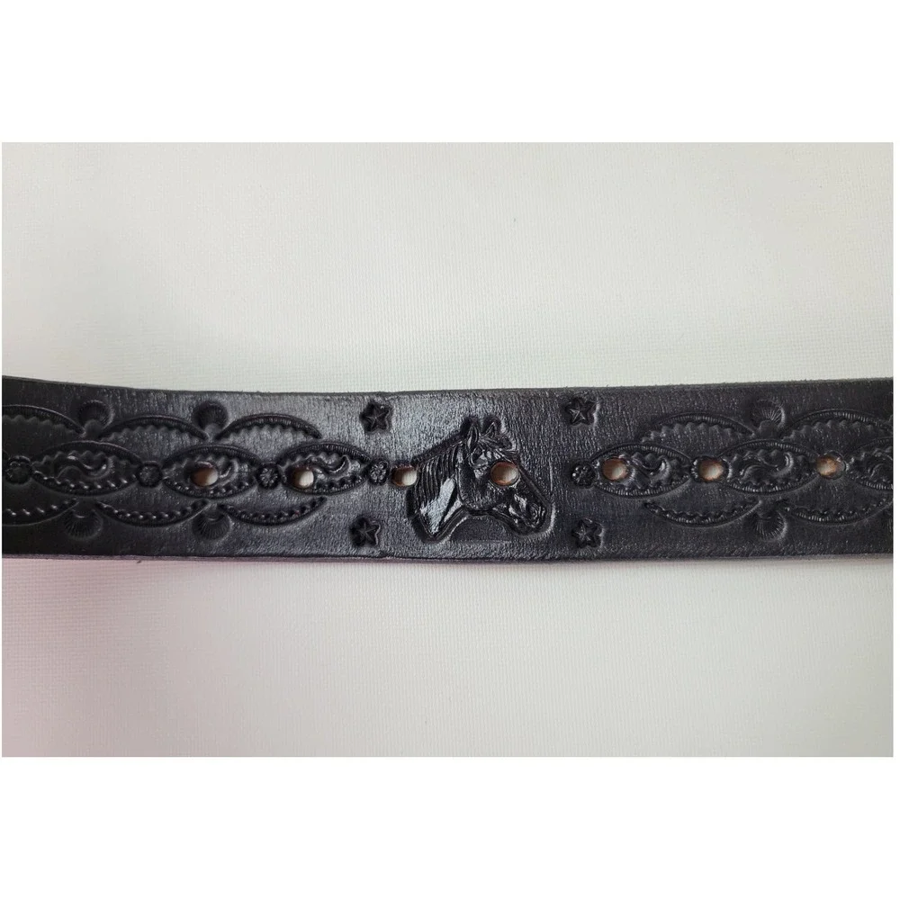 Dennis Knight Black Tooled Leather Horse‎ Head Belt Solid Brass Buckle USA Made